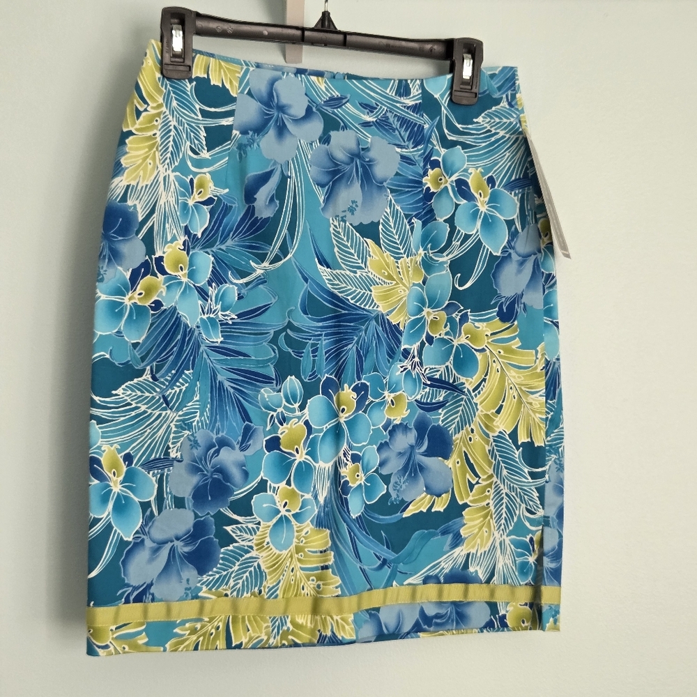 Vtg NWT Intriguing Threads Vibrant Turquoise & Green Tropical Print Skirt